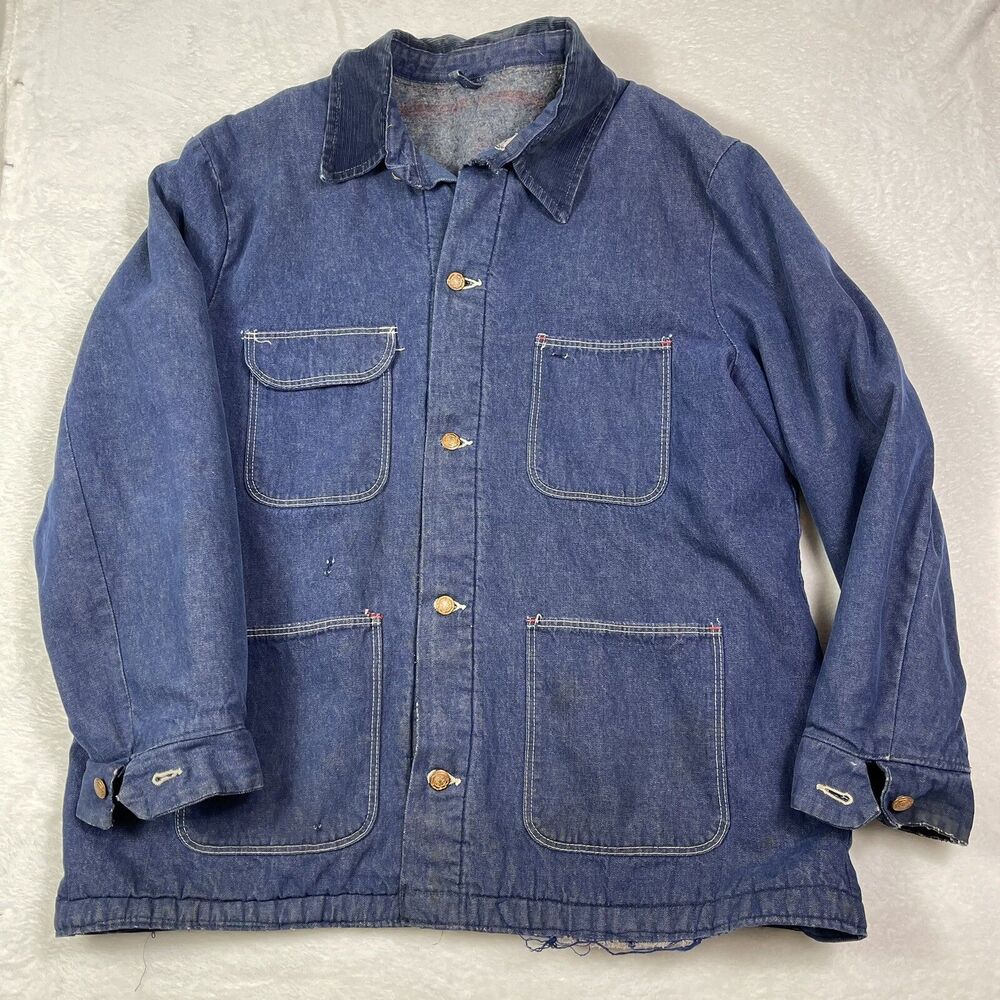 Vtg 60s Wrangler Denim Chore Jacket Coat Blanket Lined Western 48 Distressed